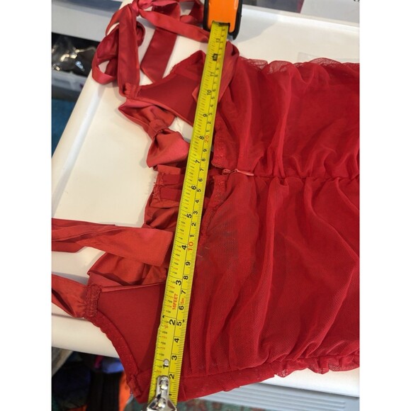 y2k Victoria Secret Lingerie Babydoll Dress Red Rhinestone Bling Bow Peek A Boo - Picture 5 of 16